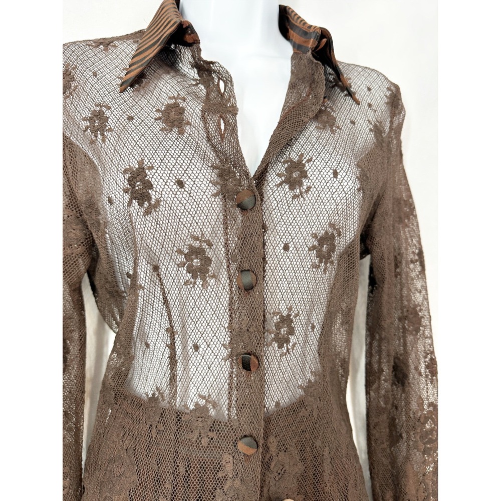 Bleu Blanc Rouge Set Brown Long Sleeve Lace Top Striped Brown Pants US Size 2 - Picture 3 of 12